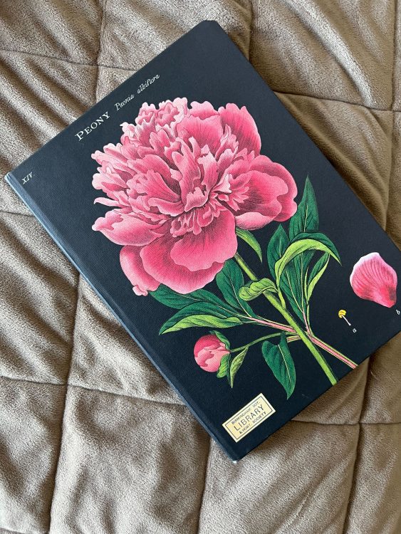 A black book with a pink peony on it