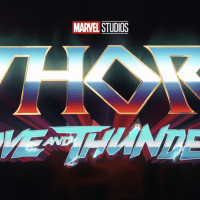 Screen title of 'Thor: Love and Thunder.' The background is black and the words are silver and red in graphic writing. Thor is above Love and Thunder, and "and" is smaller than love and thunder.