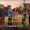 The main cast of "Abbott Elementary" lined up with Philly in the background. In yellow words "Abbott Elementary" is centered and "stream on hulu" is on the bottom of it.