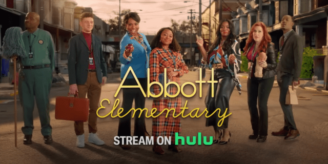 The 'Abbot Elementary' Season 2 Premiere Is an Inclusive, Emotionally Intelligent Must-Watch The main cast of "Abbott Elementary" lined up with Philly in the background. In yellow words "Abbott Elementary" is centered and "stream on hulu" is on the bottom of it.