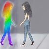 Woman looking at a spectrum reflection of herself.
