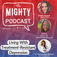 Promo image for The Mighty Podcast episode "Living With Treatment-Resistant Depression with The Mighty Podcast logo, the title and the three speakers