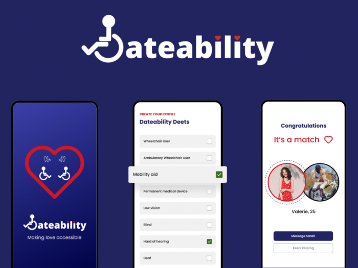 Three screenshots of the Dateability app