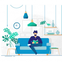 Illustration of man sitting on a couch at home reading a book