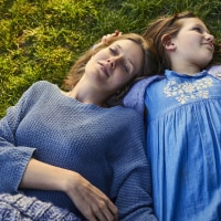 Mother and daughter lying on grass
