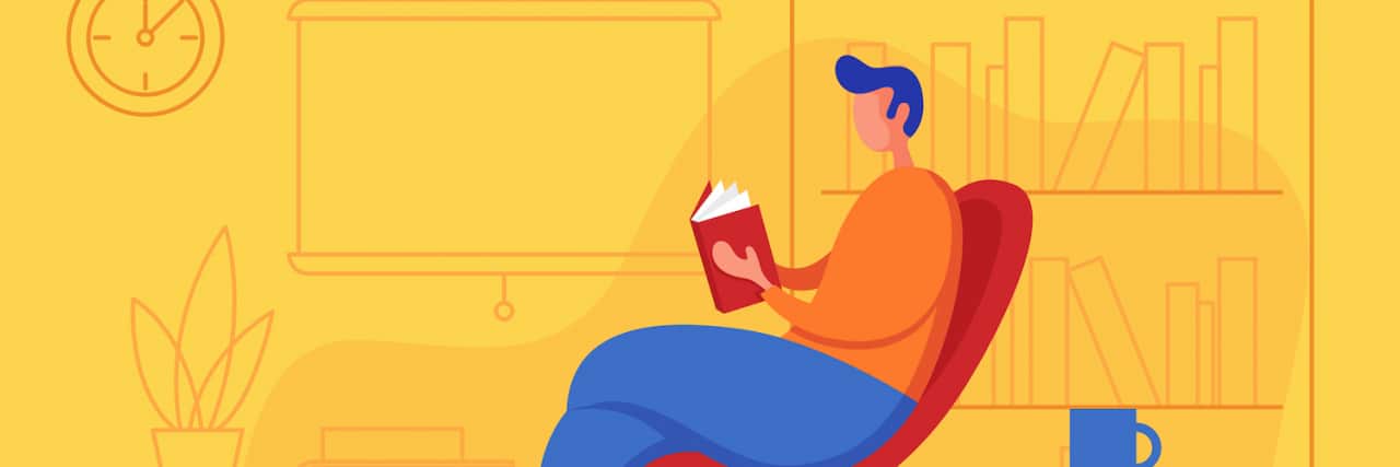 Illustration of man sitting at home reading a book