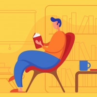 Illustration of man sitting at home reading a book