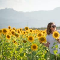 Woman wearing sunglasses in sunflower field