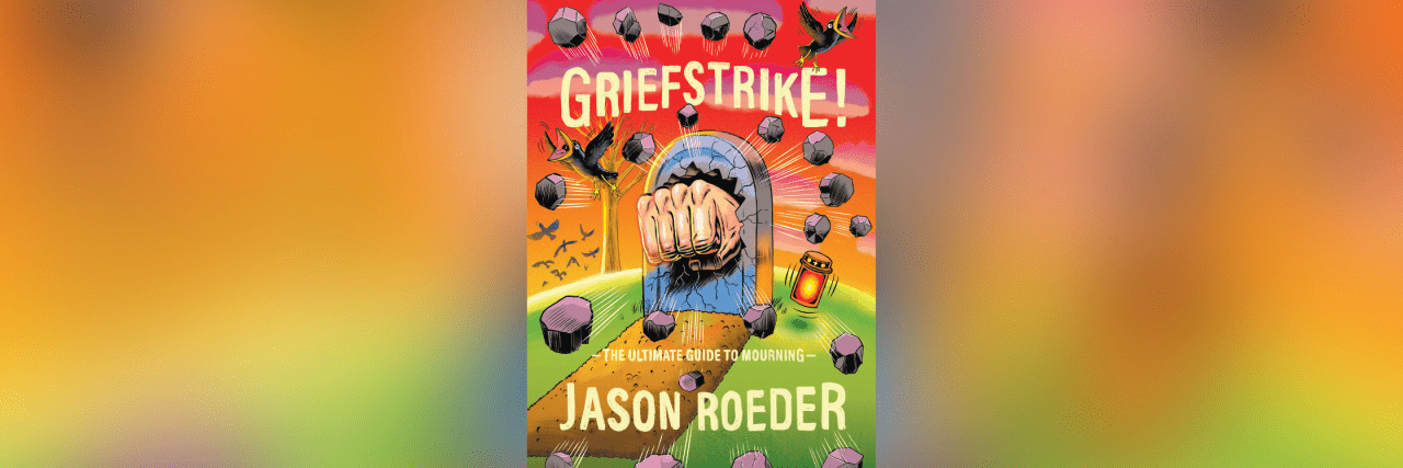 Multi-colored book cover showing a fist punching through a headstone