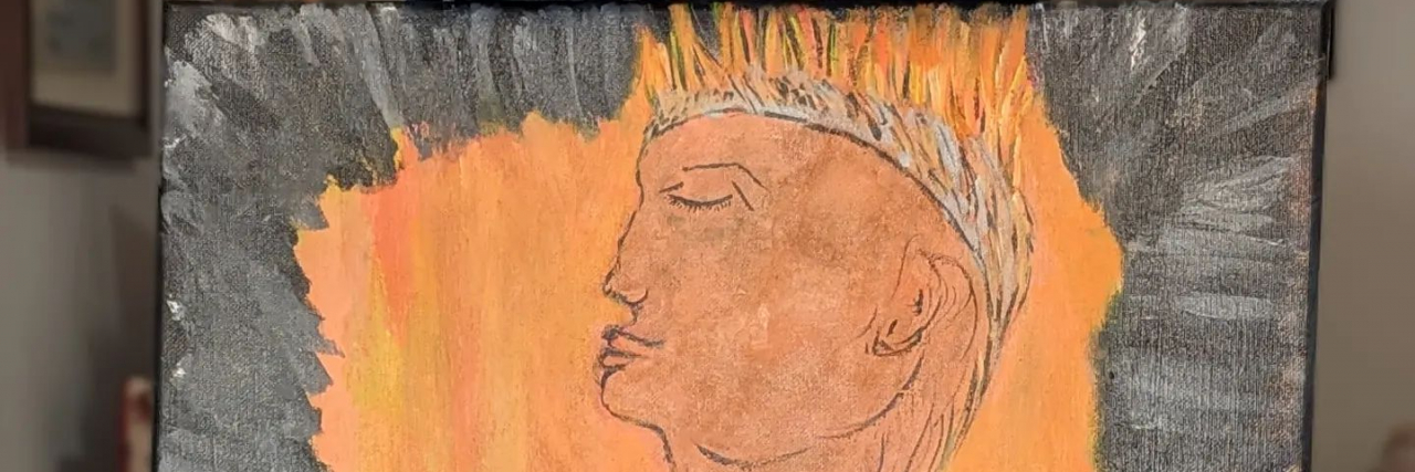 What Helped in My Struggle With Gender Identity Original Acrylic Painting on Canvas of a person on orange background, surrounded by black