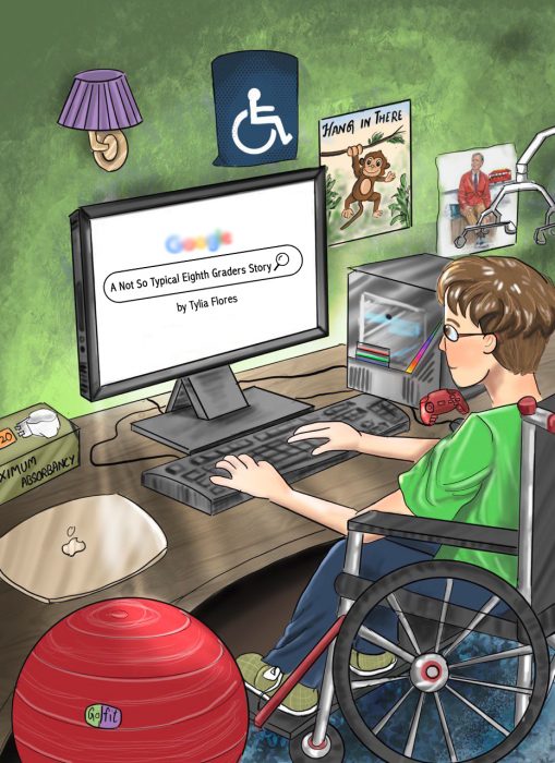 Cover of Tylia's new book with an illustration of a boy in a wheelchair working on a computer