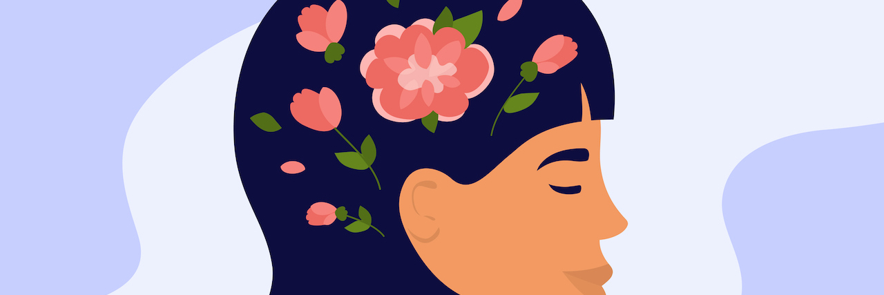 3 Ways I'm Untangling My Internalized Ableism Illustration of woman with short dark hair and flowers blooming in her head, looking at peace