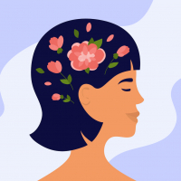 Illustration of woman with short dark hair and flowers blooming in her head, looking at peace