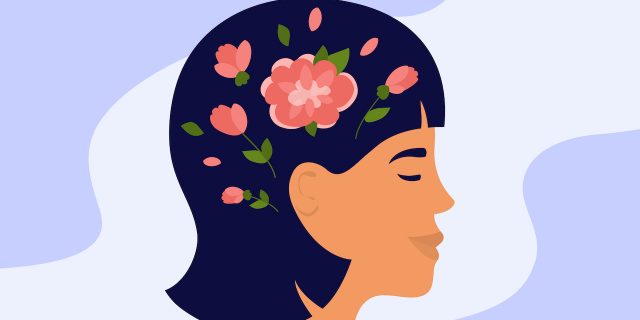 Illustration of woman with short dark hair and flowers blooming in her head, looking at peace