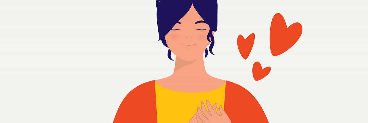 A Love Letter to My Messy, Beautiful, Ordinary, Congenitally Ill Body Illustration of woman with dark hair holding her hands over hear heart, with three hearts drawn above her shoulder