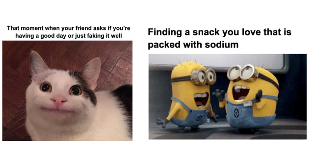 Two memes: Photo of cat with strange smile with the words "That moment when your friend asks if you are having a good day or just faking it well"; and Minions rejoicing with words "Finding a snack you love that is packed with sodium"