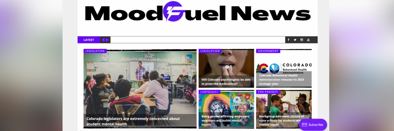 Using Journalism as a Tool to Increase Mental Health Equity screenshot of Moodfuel News website on 2/10/23
