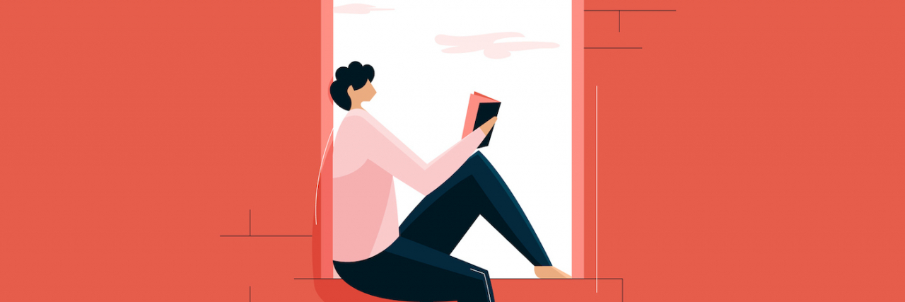 Illustration of person sitting on window and reading book