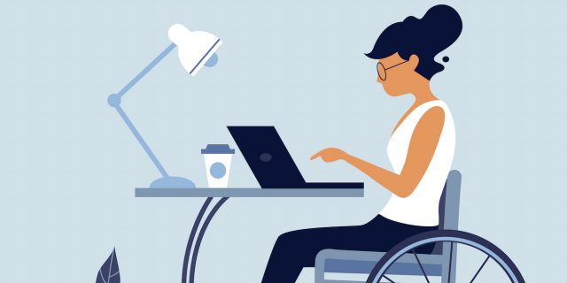 Illustration of woman in wheelchair working at desk on laptop