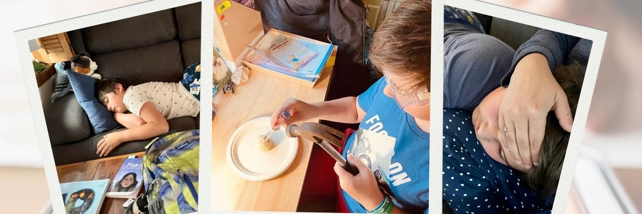 Why Homeschooling Works for Our Medically Complex Family Three images of contributor's son: him resting on the couch, him using a hammer at a desk, and him laying with her hand on his head