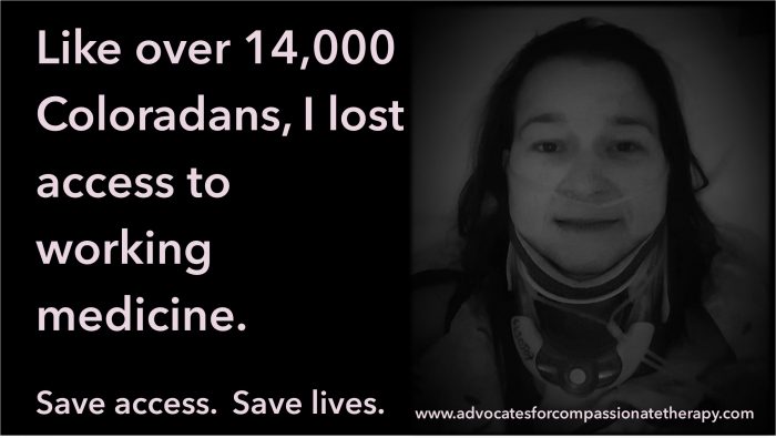 Image of contributor with text that says "Like over 14,000 Coloradans, I lost access to working medication. Save access. Save lives.