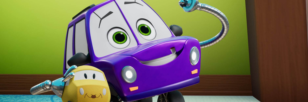 Axl character from Disney Firebuds show, a purple car with "cleft hood"
