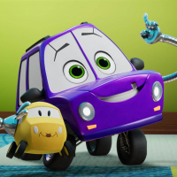 Axl character from Disney Firebuds show, a purple car with "cleft hood"