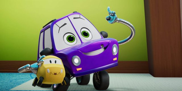 How Disney 'Firebuds' Furthers Authentic Disability Representation  Axl character from Disney Firebuds show, a purple car with "cleft hood"