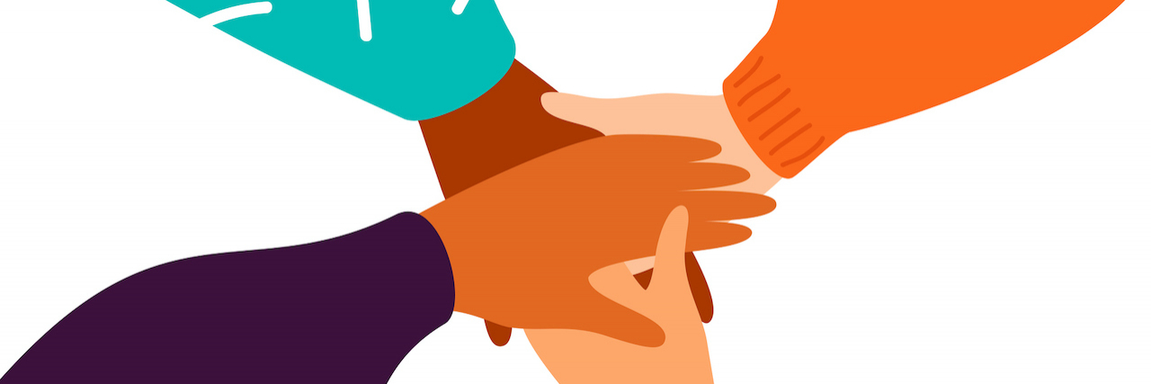 Bridging the Divide in the Autism Community Illustration of four hands placed on top of one another in a huddle