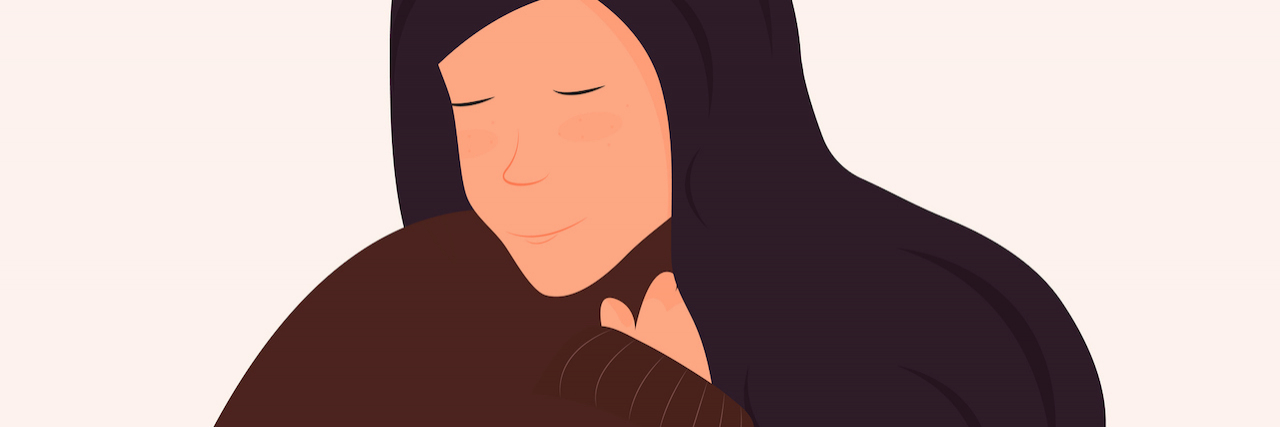 Illustration of woman with eyes closed and hugging herself