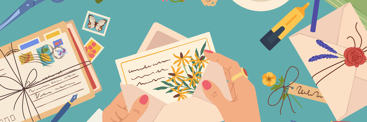 How Going Old School Helps My Chronic Conditions Illustration of hands holding envelope with card in it. Desk with letters, stamps, stationery, cup of coffee and plant