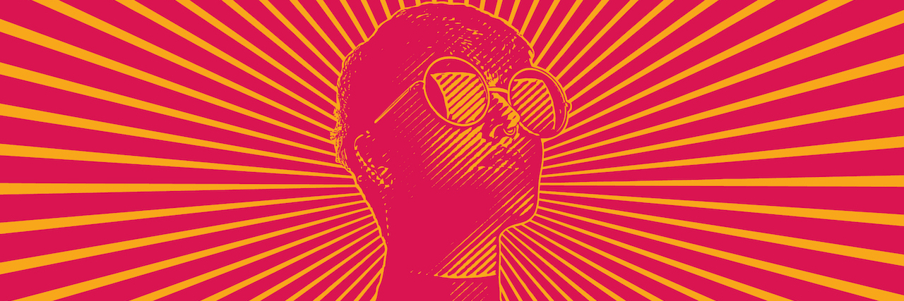 Illustration of determined woman wearing sunglasses on red background with yellow lines