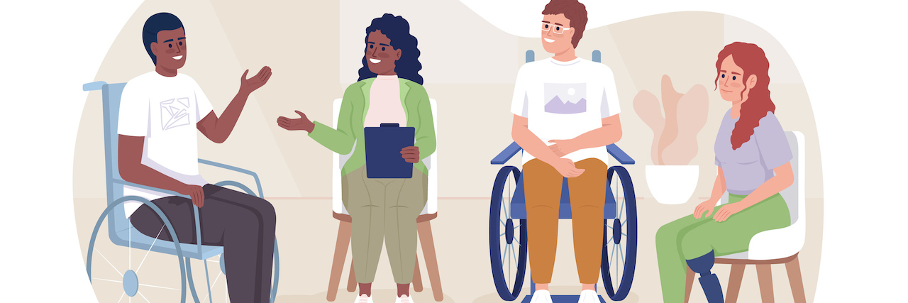 The Disability Community Needs More Mental Health Support From Allies Illustration of support group of diverse group of people including two wheelchair users and one person with a prosthetic leg