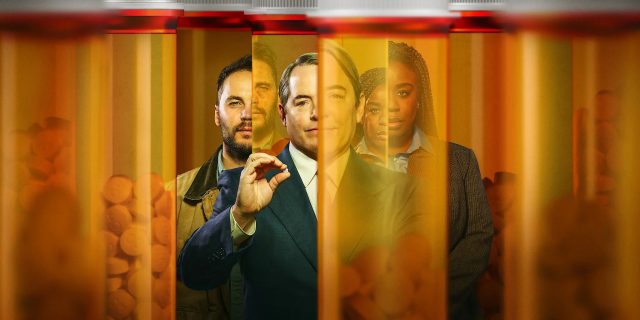 Artistic shot of the cast of Netflix's "Painkiller" through bottles of pills