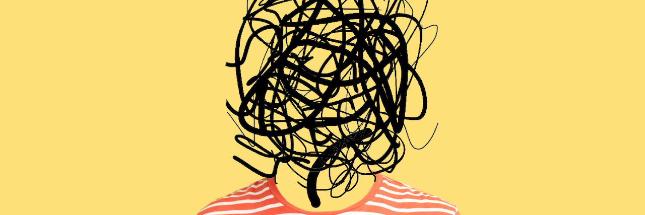 Redefining the Chaos of Our Neurodivergent Brains Illustration of a person wearing a red striped t-shirt with squiggles in place of there head
