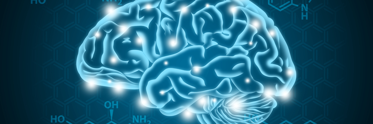 Human brain illustration with areas lit up and hormone biochemical (serotonin, dopamine, and norepinephrine) background