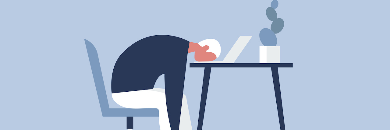 ADHD in the Workplace: The Worst Careers for ADHD Illustration of man with his head on desk with laptop