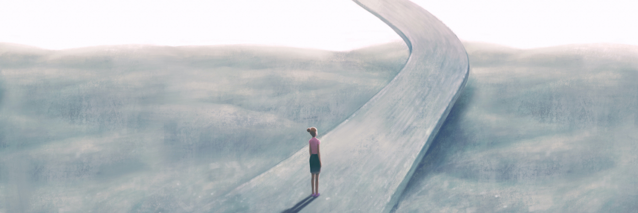 Surreal landscape painting of woman looking ahead on floating road
