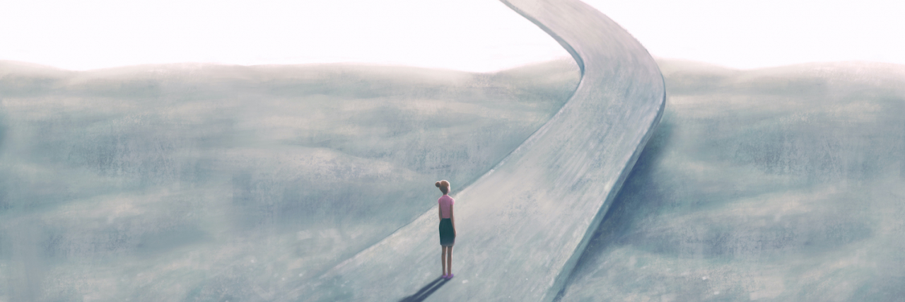 ADHD Over a Lifespan: Can ADHD Go Away? Surreal landscape painting of woman looking ahead on floating road