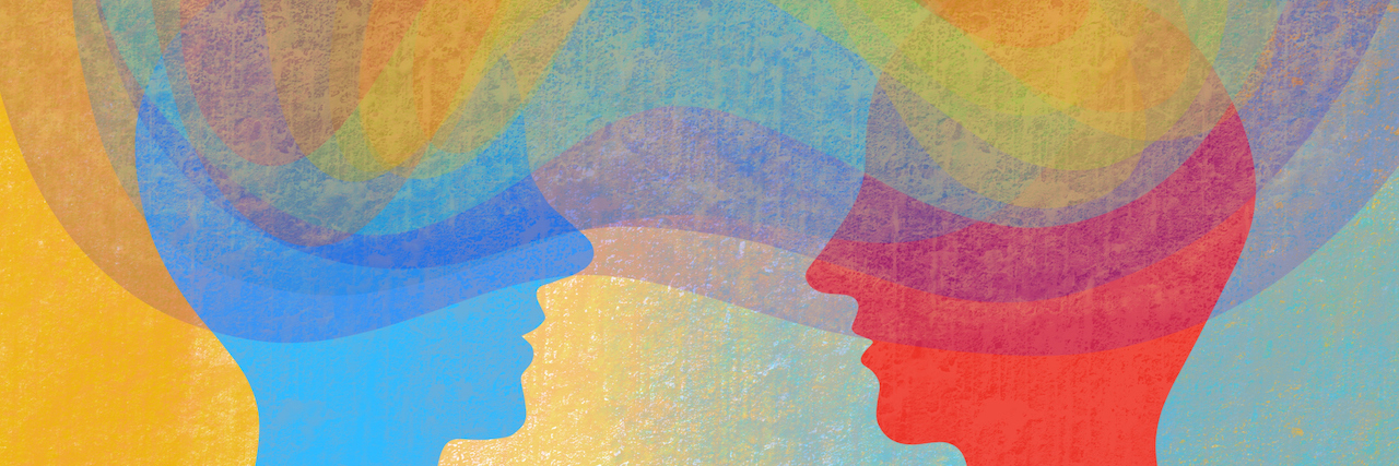 Illustration of two heads connected by colors swirling above them