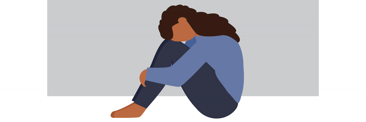 Which Pain Scale Works Best for You? Illustration of woman of color sitting on the floor and hugging her knees