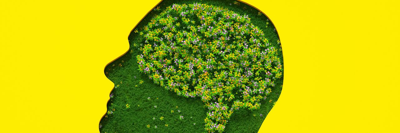 Flowers petals and leaves forming brain shape inside silhouette of head made out of grass on yellow background.