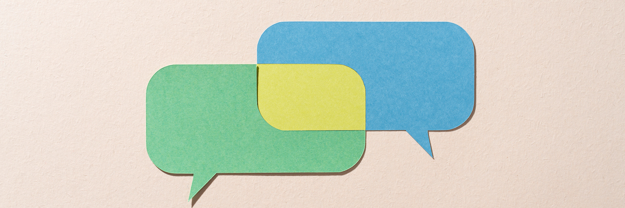 New App Lets You Talk About Dark Times in a Judgment-Free Zone Green and blue chat bubbles overlapping with beige background