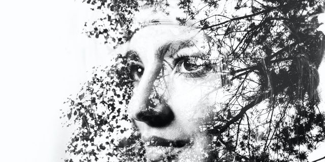 Double exposure image in monochrome of tree branches superimposed on a woman's face