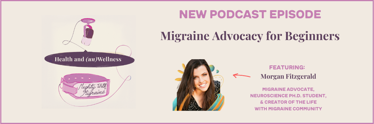 The Health and (un)Wellness logo with episode 10's title, "Migraine Advocacy for Beginners," featuring headshots of the podcast guest, Morgan Fitzgerald, a migraine advocate, neuroscience Ph.D. student, and creator of the Life With Migraine community.