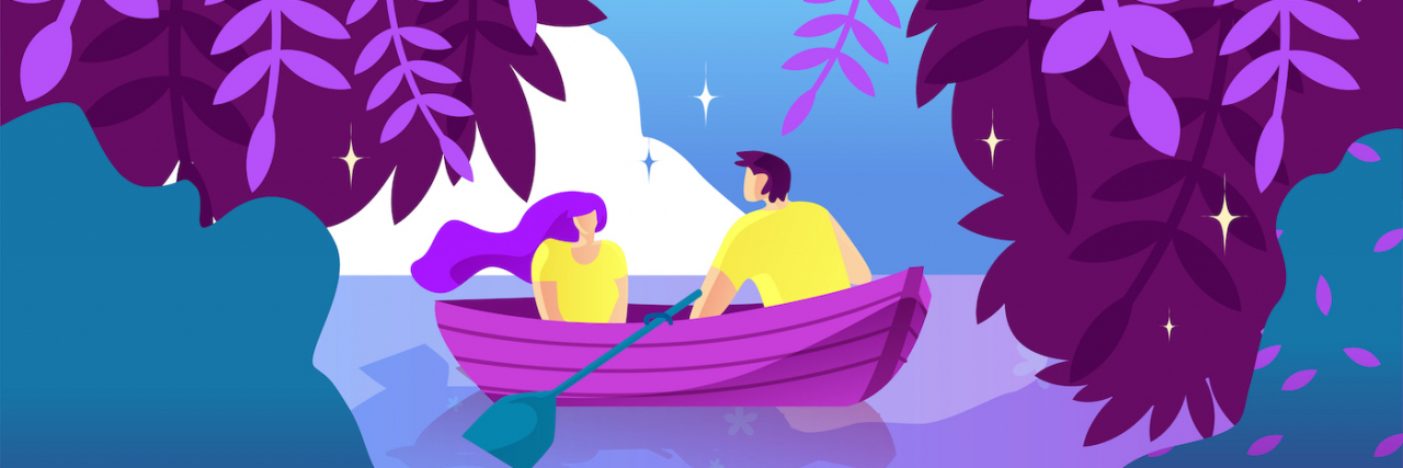 Illustration of couple on row boat in a romantic setting