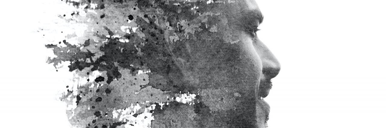 Can Adderall Cause Depression? Double exposure paintography portrait of a man combined with handmade ink painting of brushstrokes which dissolve across his back and face