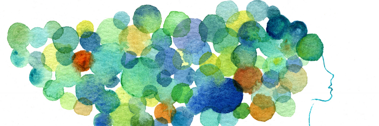 Abstract watercolor illustration of person with blue, green and yellow bubbles following behind head