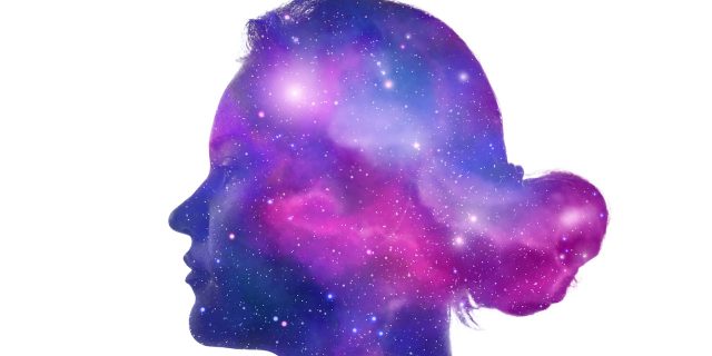 Double exposure of woman with cosmos, on white background.
