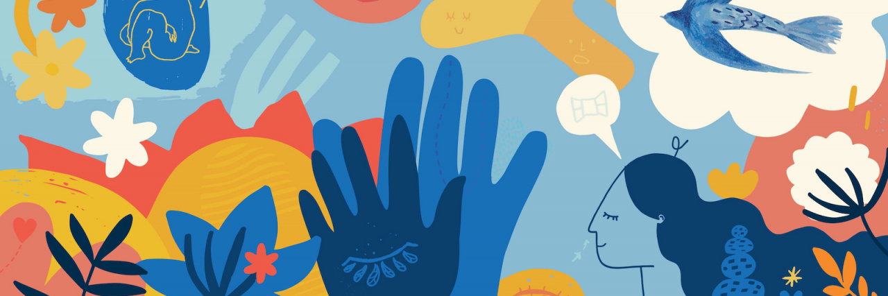 Our Best Self-Care for Migraine Tips Cheerful, colorful hand drawn illustration depicting mindfulness concept.